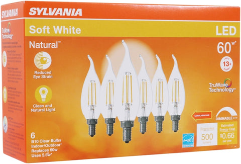 Sylvania TruWave Series 40773 LED Bulb B10 Lamp, B10 Lamp, 60 W Equivalent, E12 Candelabra Lamp Base, Dimmable, Clear