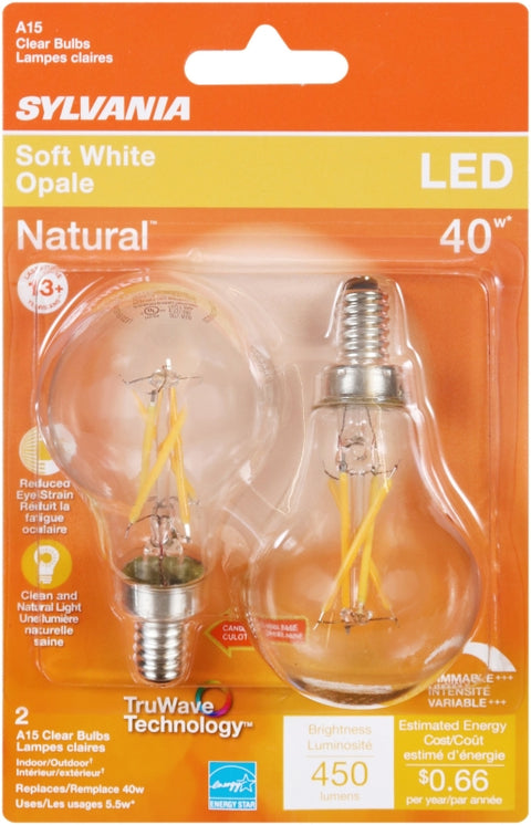 Sylvania 40774 Natural LED Bulb, Decorative, A15 Lamp, 40 W Equivalent, E12 Candelabra Lamp Base, Dimmable, Clear