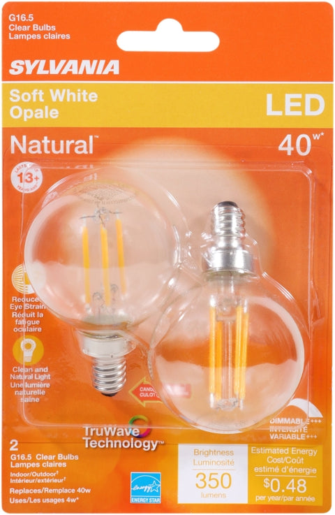 Sylvania 40784 Natural LED Bulb, Decorative, G16.5 Lamp, 40 W Equivalent, E12 Lamp Base, Dimmable, Clear