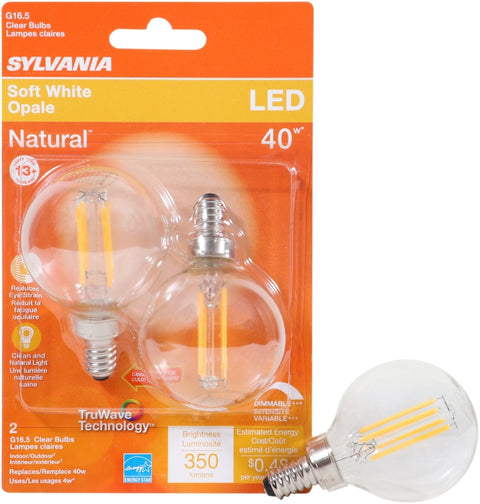 Sylvania 40784 Natural LED Bulb, Decorative, G16.5 Lamp, 40 W Equivalent, E12 Lamp Base, Dimmable, Clear