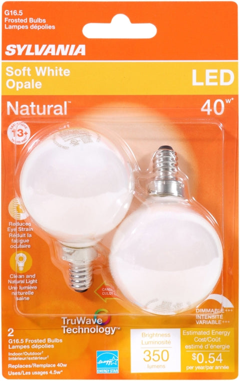Sylvania 40797 Natural LED Bulb, 120 V, 350 Lumens, 4.5 W, G16.5 Lamp, 40 W Equivalent, E12 Lamp Base, Dimmable