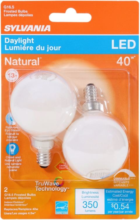 Sylvania 40798 Natural LED Bulb, Decorative, 350 Lumens, 4.5 W, G16.5 Lamp, 40 W Equivalent, E12 Lamp Base, Dimmable