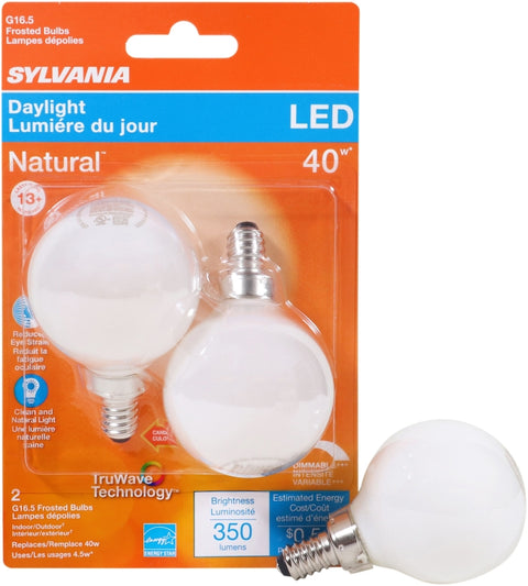 Sylvania 40798 Natural LED Bulb, Decorative, 350 Lumens, 4.5 W, G16.5 Lamp, 40 W Equivalent, E12 Lamp Base, Dimmable