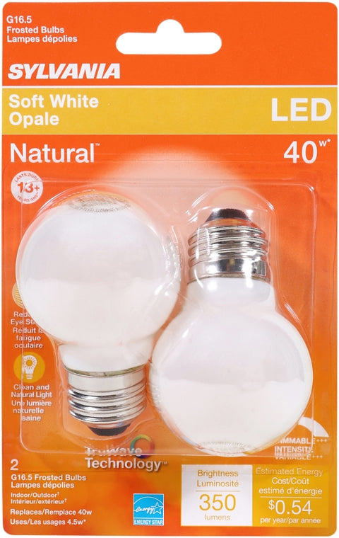 Sylvania 40799 Natural LED Bulb, Globe, G16.5 Lamp, 40 W Equivalent, E26 Lamp Base, Dimmable, Frosted, Soft White Light