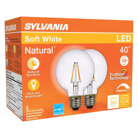 Sylvania 40764 LED Bulb, Globe, G25 Lamp, 40 W Equivalent, E26 Lamp Base, Dimmable, Clear, Soft White Light