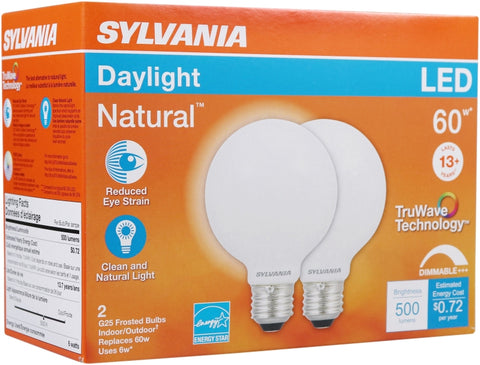 Sylvania 40768 Natural LED Bulb, Globe, G25 Lamp, 60 W Equivalent, E26 Lamp Base, Dimmable, Frosted, Daylight Light