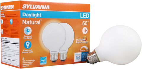 Sylvania 40768 Natural LED Bulb, Globe, G25 Lamp, 60 W Equivalent, E26 Lamp Base, Dimmable, Frosted, Daylight Light