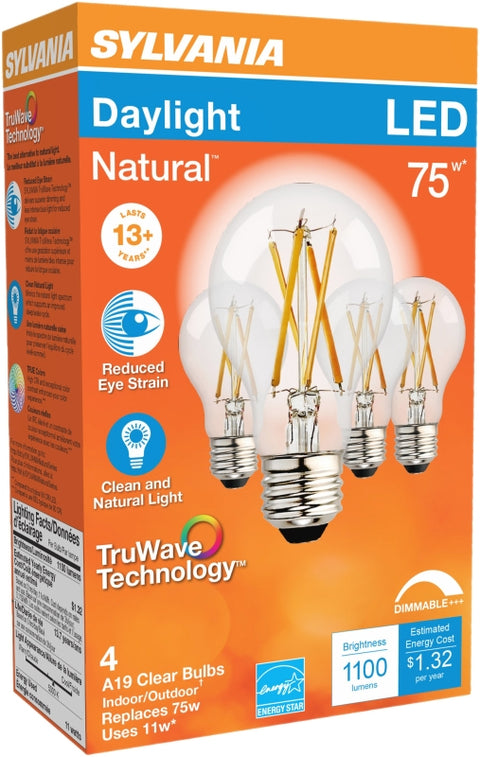 Sylvania 40803 Natural LED Bulb, 120 V, 1100 Lumens, 11 W, A19 Lamp, 75 W Equivalent, E26 Lamp Base, Dimmable