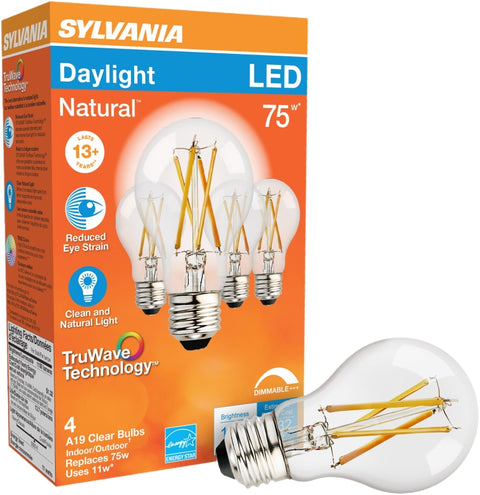 Sylvania 40803 Natural LED Bulb, 120 V, 1100 Lumens, 11 W, A19 Lamp, 75 W Equivalent, E26 Lamp Base, Dimmable