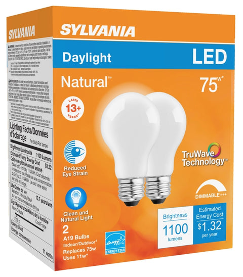 Sylvania TruWave Series 40751 LED Bulb A19 Lamp, 1100 Lumens, 11 W, A19 Lamp, E26 Medium Lamp Base, Dimmable, Frosted