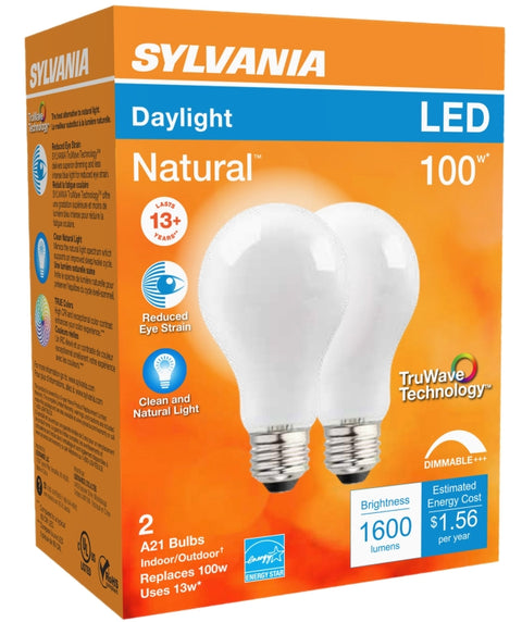 Sylvania 40753 Natural LED Bulb, 1600 Lumens, 13 W, A21 Lamp, 100 W Equivalent, E26 Lamp Base, Dimmable