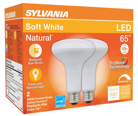 Sylvania 40728 Natural LED Bulb, 120 V, 650 Lumens, 7 W, BR30 Lamp, 65 W Equivalent, E26 Lamp Base, Dimmable