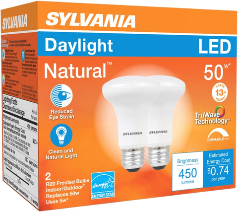 Sylvania 40790 Natural LED Bulb, Spotlight, R20 Lamp, 45 W Equivalent, E26 Lamp Base, Dimmable, Frosted, Daylight Light