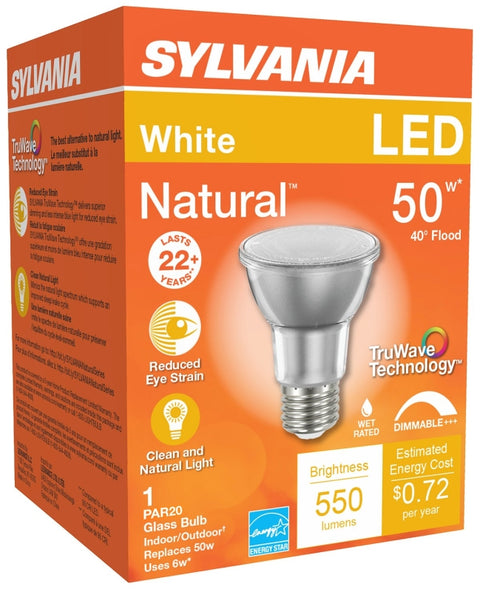 Sylvania 40920 Natural LED Bulb, Spotlight, PAR20 Lamp, E26 Lamp Base, Dimmable, Cool White Light, 3000 K Color Temp