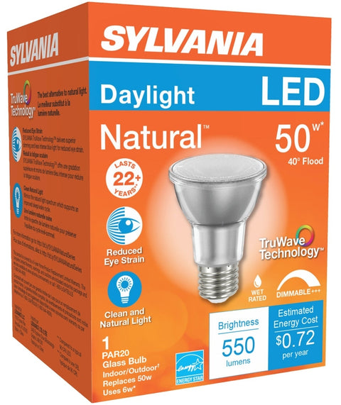 Sylvania 40921 Natural LED Bulb, Spotlight, PAR20 Lamp, E26 Lamp Base, Dimmable, Daylight Light, 5000 K Color Temp