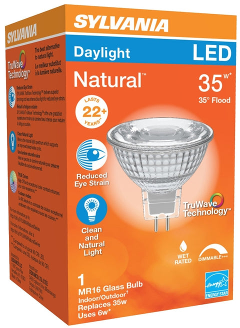 Sylvania 40928 Natural LED Bulb, Track/Recessed, 450 Lumens, 6 W, MR16 Lamp, G5.3 Lamp Base, Dimmable, Cool White
