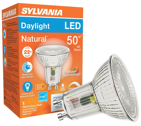 Sylvania 40933 Natural LED Bulb, Spotlight, PAR16 Lamp, GU10 Lamp Base, Dimmable, Daylight Light, 5000 K Color Temp