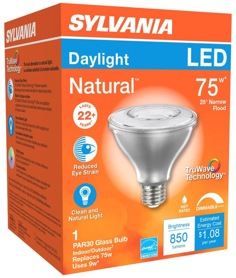 Sylvania 40915 Natural LED Bulb, 120 V, 850 Lumens, 10 W, PAR30 Lamp, E26 Lamp Base, Dimmable, Clear, Daylight