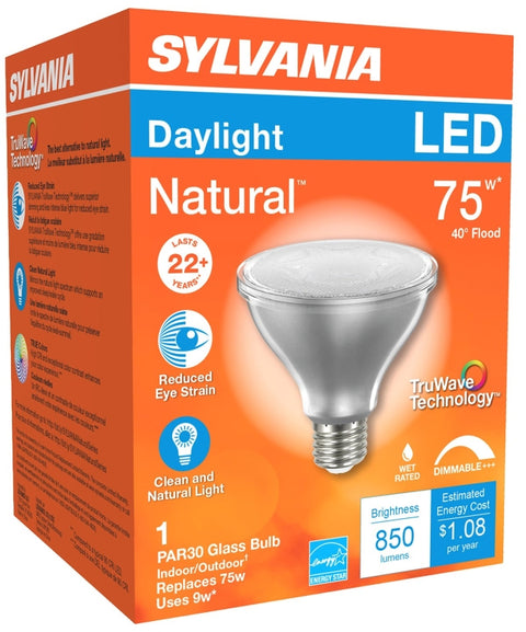 Sylvania 40917 Natural LED Bulb, Spotlight, 850 Lumens, 10 W, PAR30 Lamp, E26 Lamp Base, Dimmable, Clear, Daylight