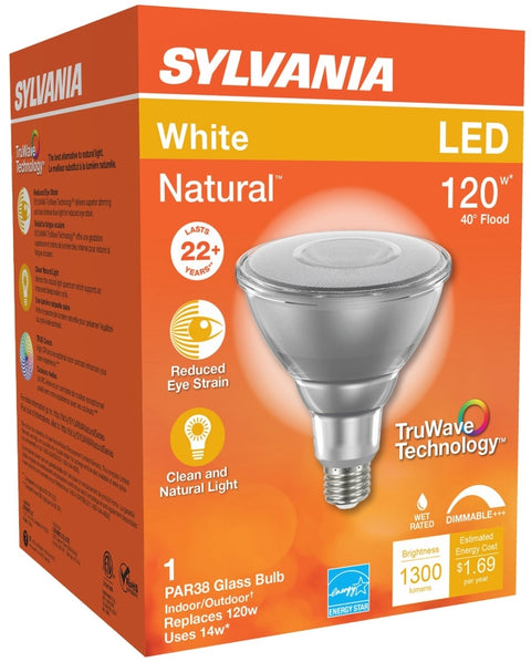 Sylvania 40905 Natural LED Bulb, Floodlight, PAR38 Lamp, E26 Lamp Base, Dimmable, Clear, Cool White Light