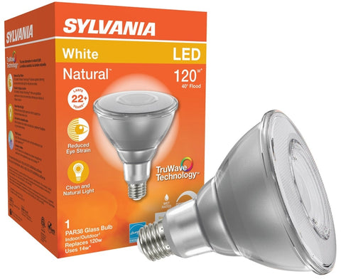 Sylvania 40905 Natural LED Bulb, Floodlight, PAR38 Lamp, E26 Lamp Base, Dimmable, Clear, Cool White Light