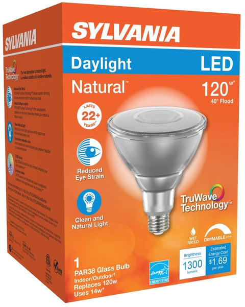 Sylvania 40906 Natural LED Bulb, Spotlight, PAR38 Lamp, 90 W Equivalent, E26 Lamp Base, Dimmable, Clear, Daylight Light