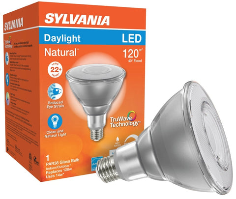 Sylvania 40906 Natural LED Bulb, Spotlight, PAR38 Lamp, 90 W Equivalent, E26 Lamp Base, Dimmable, Clear, Daylight Light