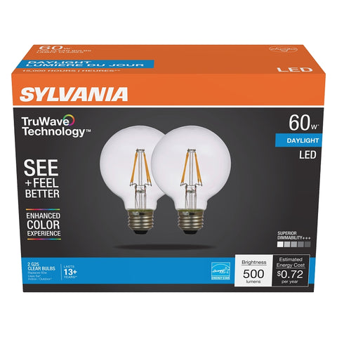 Sylvania Natural Series 41334 LED Bulb, G25 Lamp, 60 W Equivalent, E26 Medium Lamp Base, Dimmable, Clear, Daylight