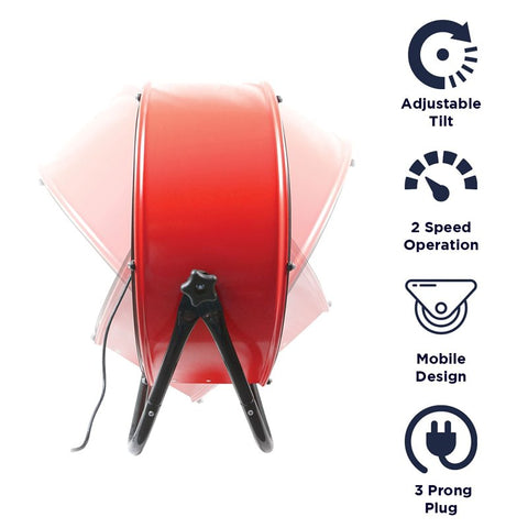 MaxxAir BF24TFRED Tilting Drum Fan, 1 -Phase, 120 V, 4 -Blade, 2 -Speed, 2800, 4000 cfm Air, Red