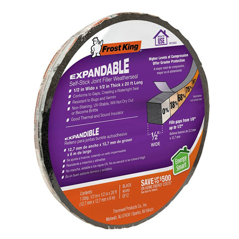 Frost King EF12 Expandable Foam Weather Seal, 1/2 in W, 20 ft L, 1/2 in Thick, Black