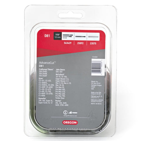 Oregon AdvanceCut Series D81 Chainsaw Chain, 72TXL Chain, 24 in L Bar, 0.05 in Gauge, 3/8 in TPI/Pitch, 81-Link