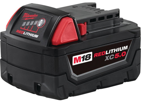 Milwaukee 48-11-1850 Battery Pack, Lithium-Ion, 18 V, 5 Ah, 1.5 hr Charge Time, For Use With M18 Tools, Plastic