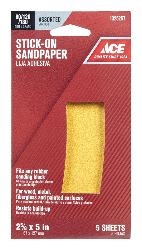 Ace Aluminum Oxide Sandpaper 5 in. L Assorted Grit Assorted 5 pk