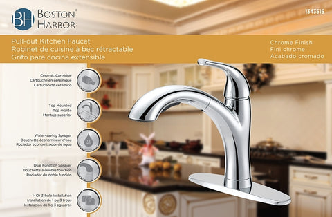Boston Harbor TOBI21040009CP Pull-Out Kitchen Faucet, 1.8 gpm, 1-Faucet Handle, 1, 3-Faucet Hole, Metal/Plastic, Deck