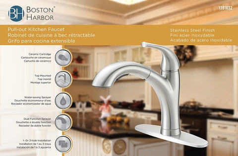 Boston Harbor TOBI21040010NP Pull Out Kitchen Faucet, 1.8 gpm, 1-Faucet Handle, 1, 3-Faucet Hole, Metal/Plastic, Deck