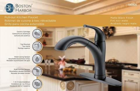 Boston Harbor TOBI21040011BL Pull Out Kitchen Faucet, 1.8 gpm, 1-Faucet Handle, 1, 3-Faucet Hole, Metal/Plastic, Deck
