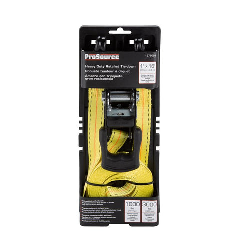 ProSource FH64058 Tie-Down, 1 in W, 16 in L, Yellow, J-Hook End Fitting, Steel End Fitting