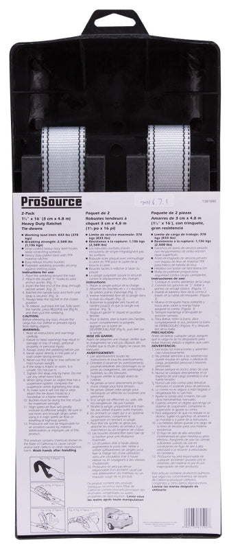 ProSource FH64059 Tie-Down, 1-1/4 in W, 16 in L, Gray, J-Hook End Fitting, Steel End Fitting
