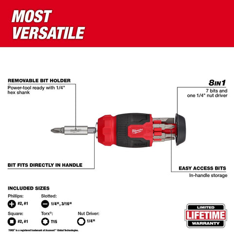 Milwaukee 48-22-2910 8-In-1 Compact Multi-Bit Screwdriver, 1/4 in Drive, Hex Drive, 4.69 in OAL, Plastic Handle