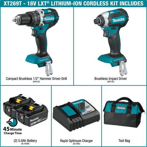 Makita XT269T Combination Tool Kit, Battery Included, 5 Ah, 18 V, Lithium-Ion