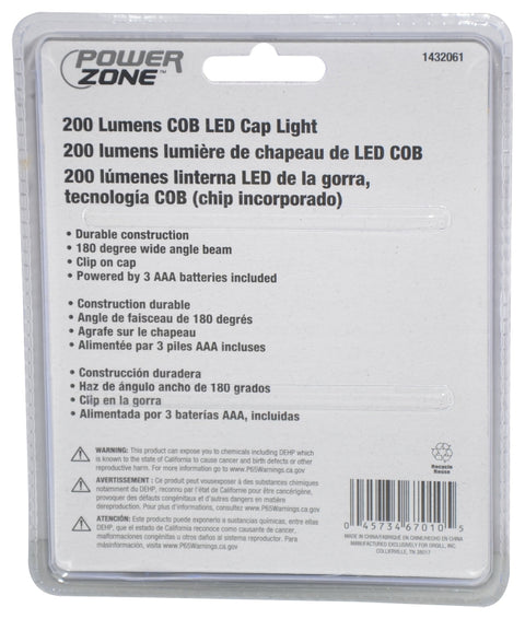 PowerZone 12304 COB LED Cap Light, AAA Battery, LED Lamp, 200 Lumens, 10 Beam Distance, 3 hr Run Time, Pack of 6