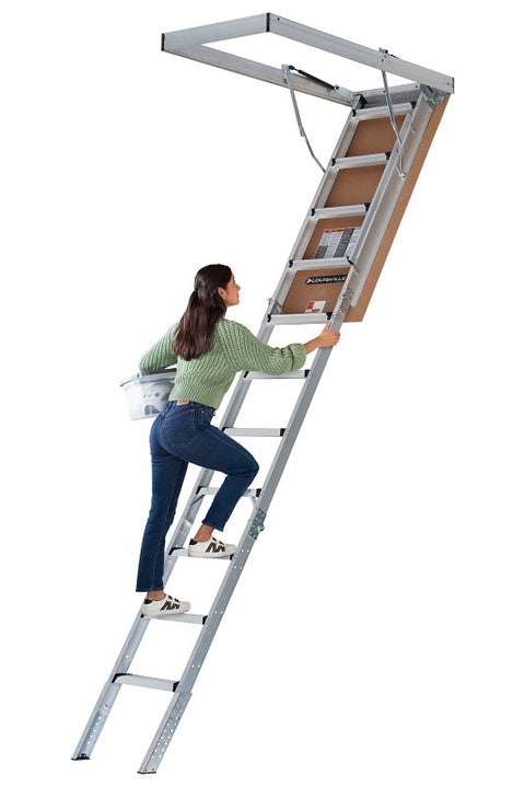 Louisville Elite Series AA2210 Attic Ladder, 7 ft 8 in to 10 ft 3 in H Ceiling, 22-1/2 x 54 in Ceiling Opening, 11-Step