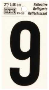 Hy-Ko RV-25/9 Reflective Sign, Character: 9, 2 in H Character, Black Character, Silver Background, Vinyl, Pack of 10