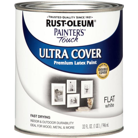 Rust-Oleum Painters Touch Ultra Cover Flat White Water-Based Paint Exterior and Interior 1 qt, Pack of 2