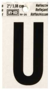 Hy-Ko RV-25/U Reflective Letter, 1-1/2 in W x 3 in H Dimensions, Character: U, 2 in H Character, Black Character, Vinyl, Pack of 10