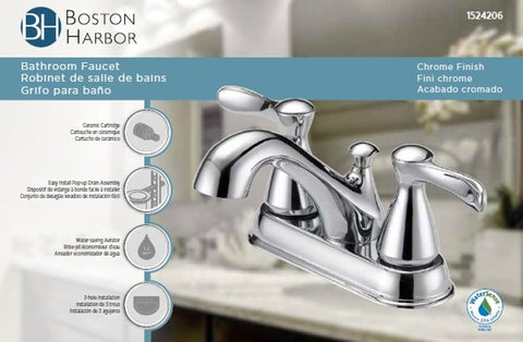 Boston Harbor F51B0010CP Lavatory Faucet, 1.2 gpm, 2-Faucet Handle, 3-Faucet Hole, Metal/Plastic, Chrome Plated