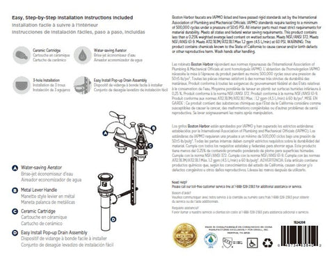 Boston Harbor F51B0010CP Lavatory Faucet, 1.2 gpm, 2-Faucet Handle, 3-Faucet Hole, Metal/Plastic, Chrome Plated