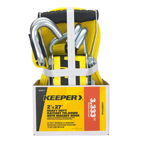Keeper Commercial Series 82827 Heavy-Duty Strap Tie-Down with Magnetic JJ Hook, 2 in W, 27 ft L, 3333 lb
