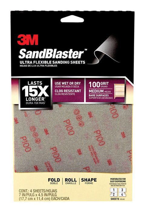 3M Sandblaster Aluminum Oxide Sandpaper 7 in. L 100 Grit Medium 4 pk