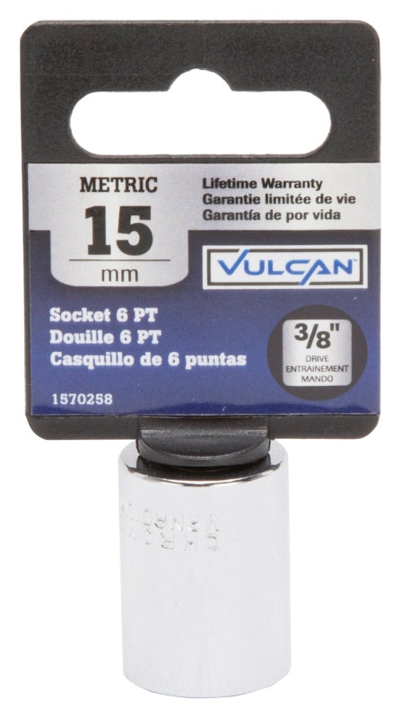 Vulcan MT6499420 Drive Socket, 15 mm Socket, 3/8 in Drive, 6-Point, Chrome Vanadium Steel, Chrome